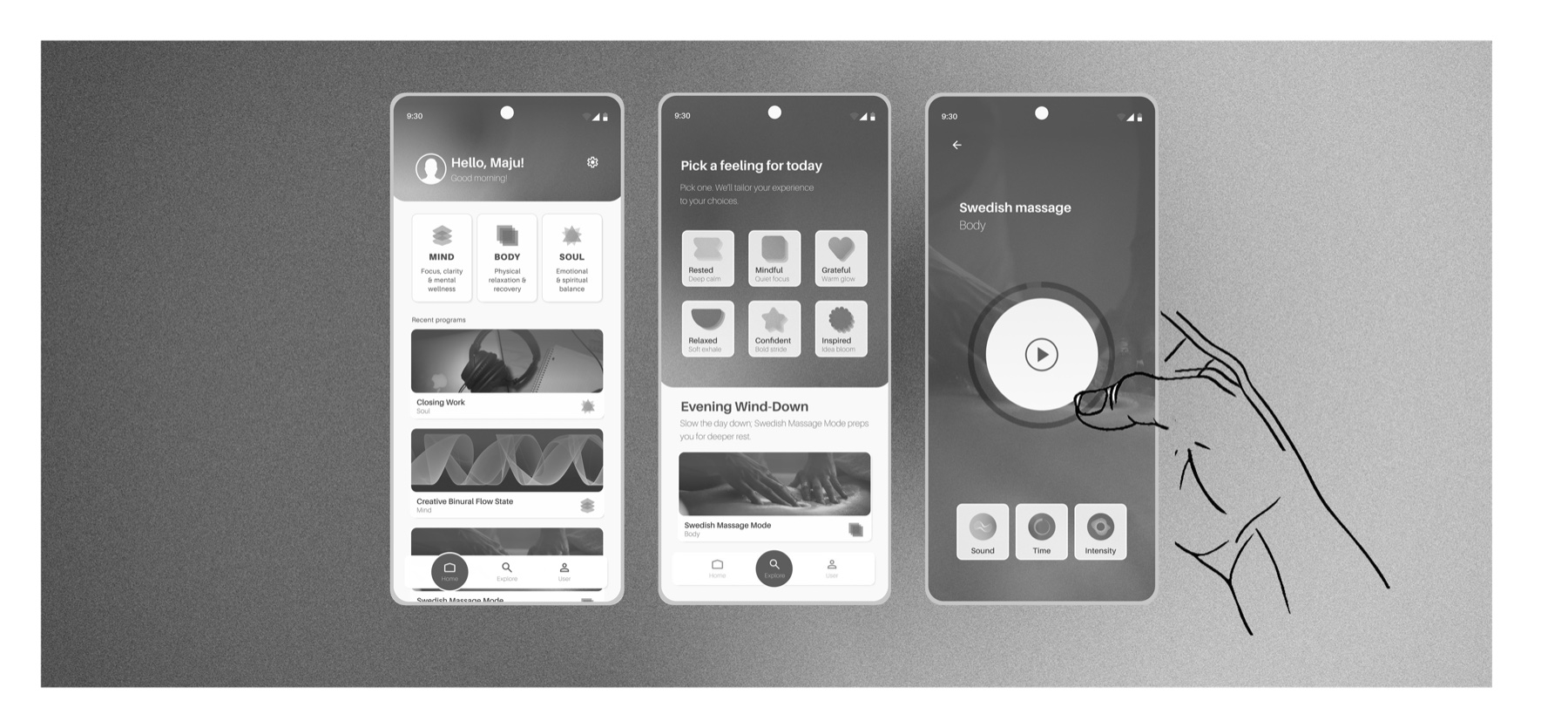 Zaus haptic wellness app, black and white