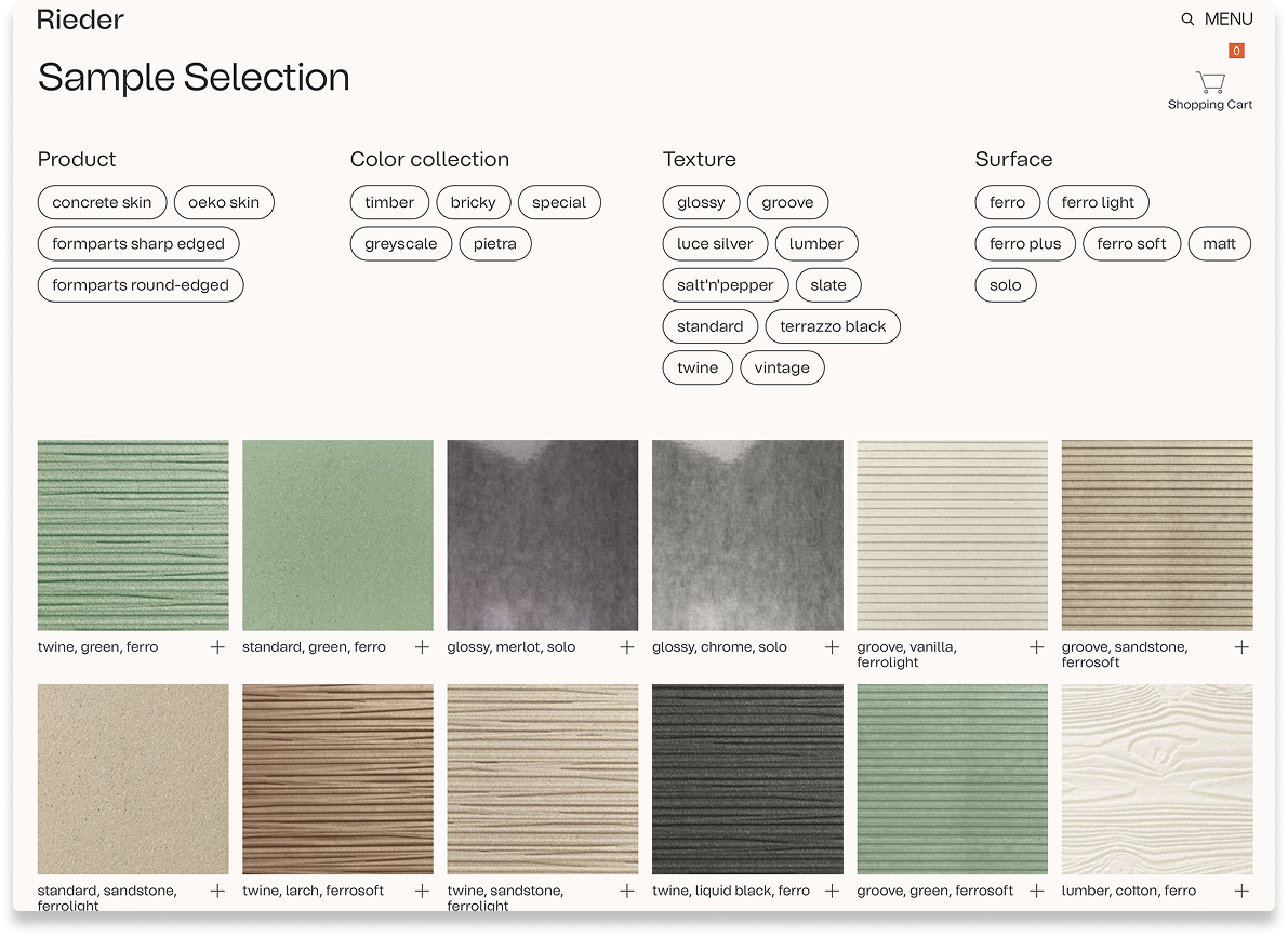 Rieder sample selection page with filters and material swatches