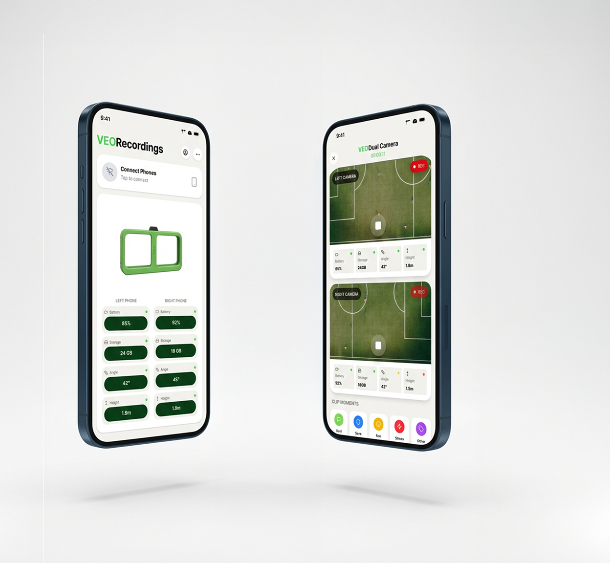 Two Veo Recordings and Stats screens on iPhones