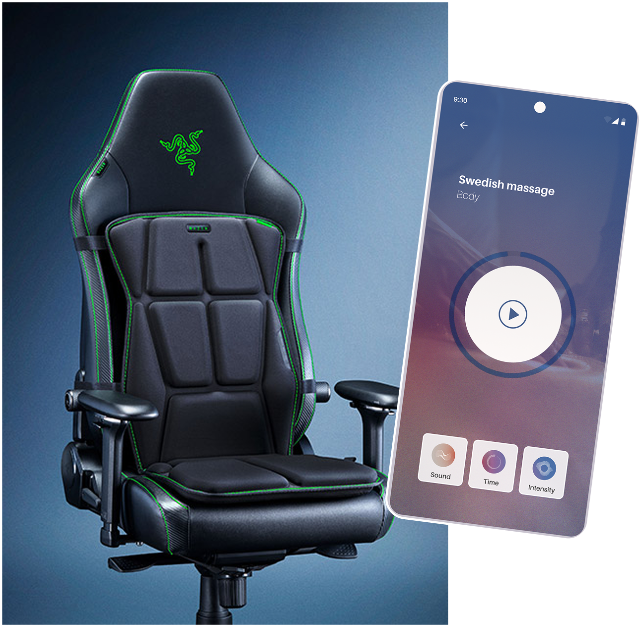 Razer gaming chair with a Swedish massage program on the phone screen