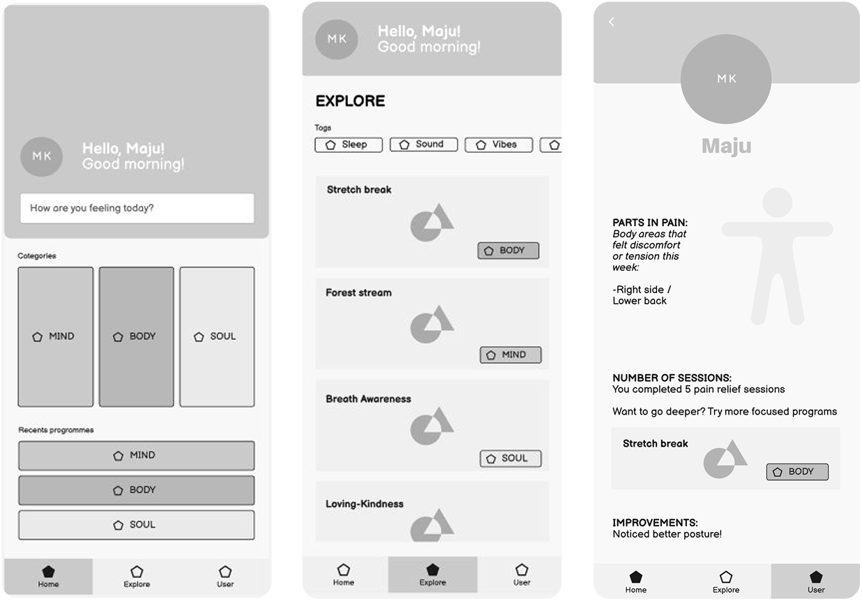 Three wireframes, Home, Explore, User profile
