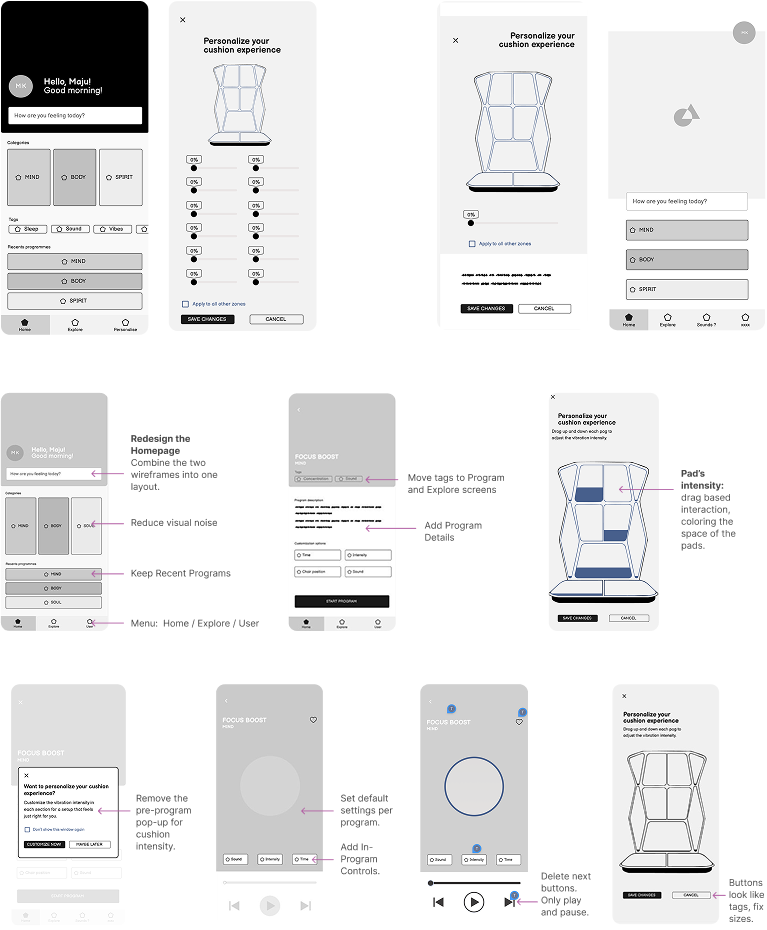 Wireframe iterations with annotated changes